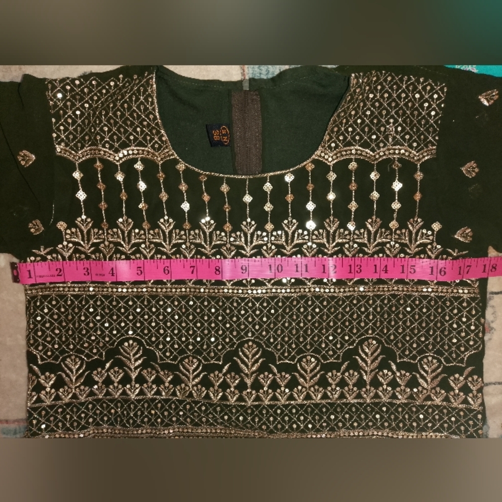 Dark Green Kameez Only Top with Silver Embroidery Size M New - Picture 4 of 6